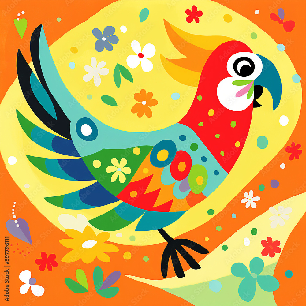 A Happy Parrot Vector Style Illustration Colorful Floral Background Generative Ai Digital Illustration Part#290423
