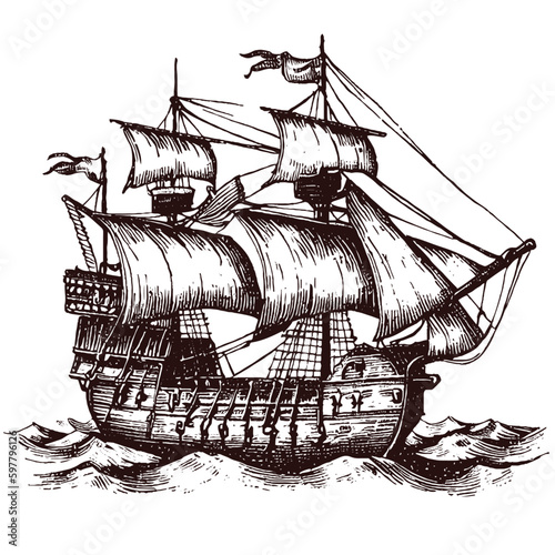 Sailing ship floating on the sea waves vintage vector sketch 