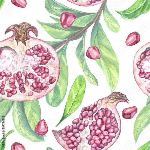 Fototapeta Naklejka Na Ścianę i Meble -  Watercolor illustration of a seamless pattern of ripe pomegranates and green branches with leaves isolated on a transparent background. Application is intended for printing on textiles, packaging 