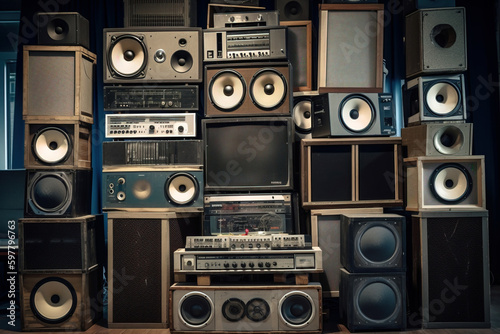 A large stack retro old speakers. Digitally generated ai image