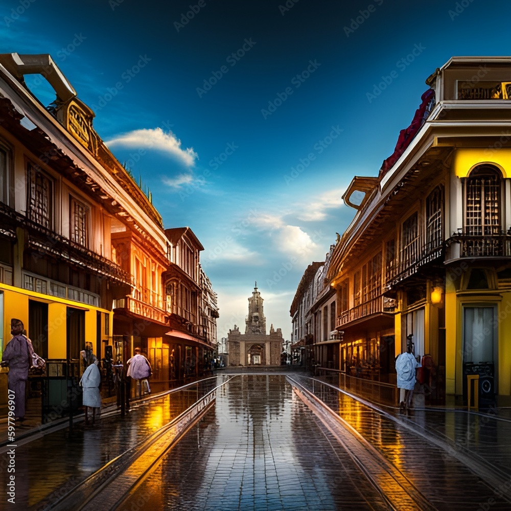 Naklejka premium photo of a downtown full of old and beautiful buildings with amazing route. Generative AI