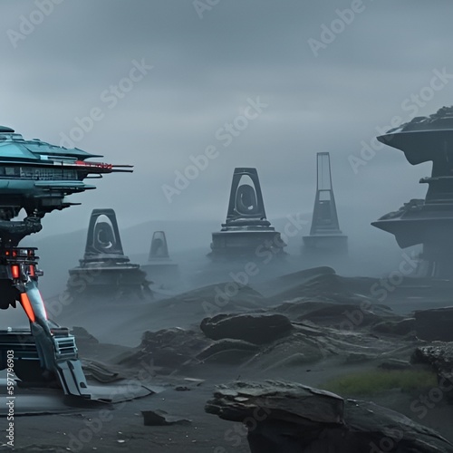 futuristic technology ships landed on planet. Generative AI