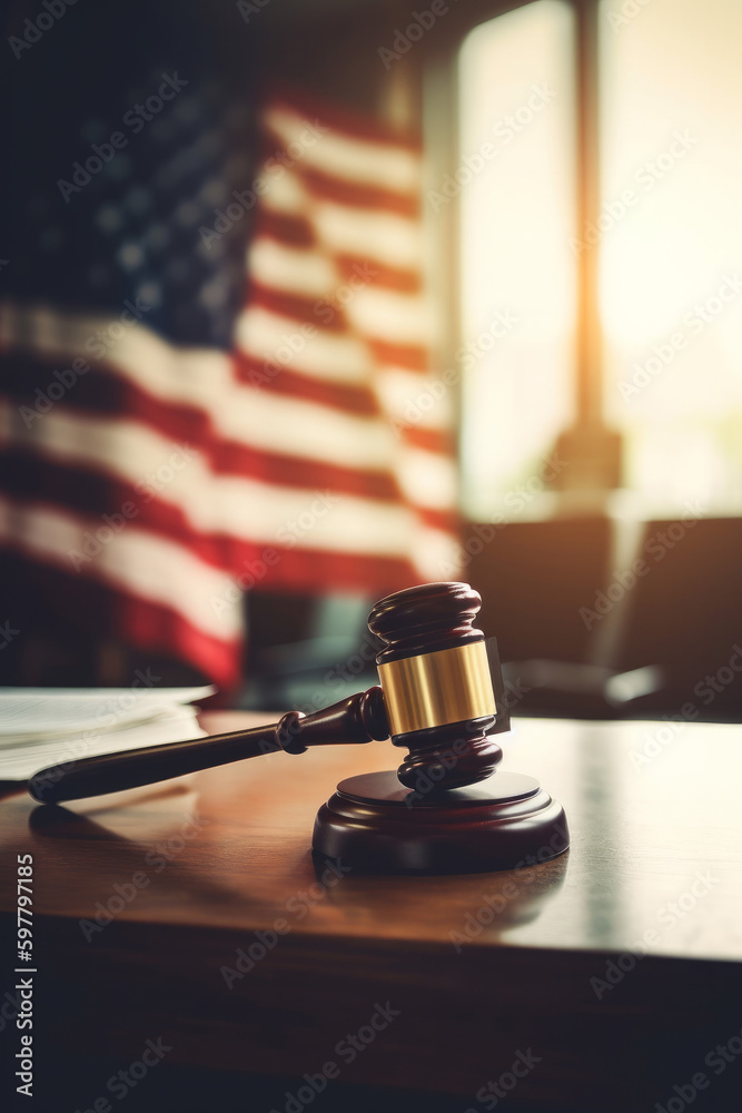A judges gavel hammer with an American flag. USA law and order. Generative ai