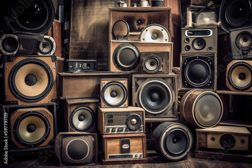 A large stack retro old speakers. Digitally generated ai image