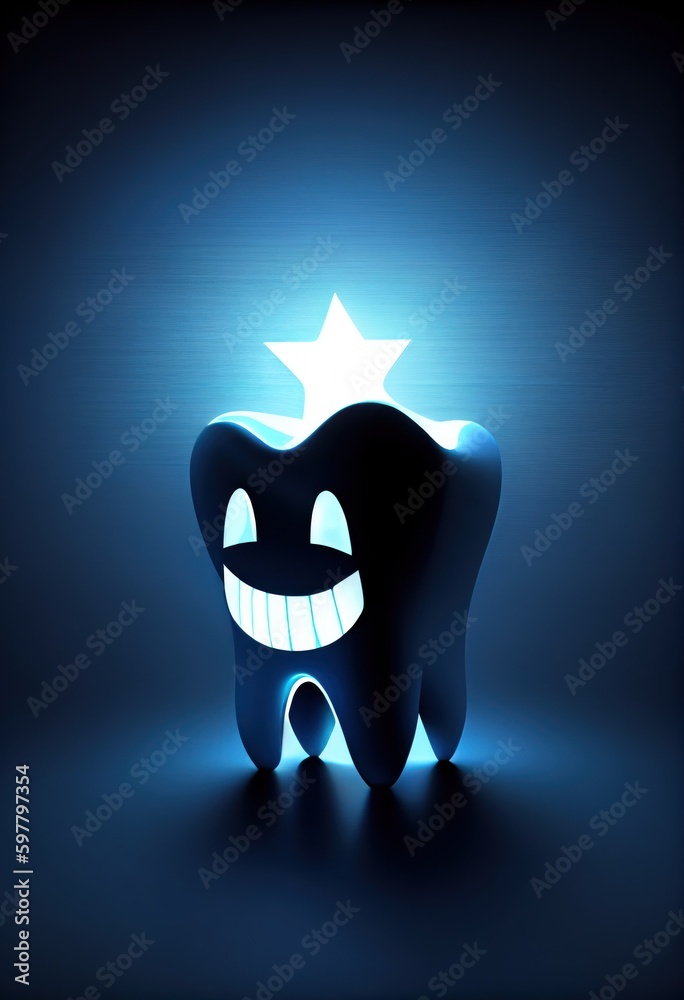 Naklejka premium Healthy happy white tooth with glowing effect on blue background, dentist and teeth whitening dental treatment concept.