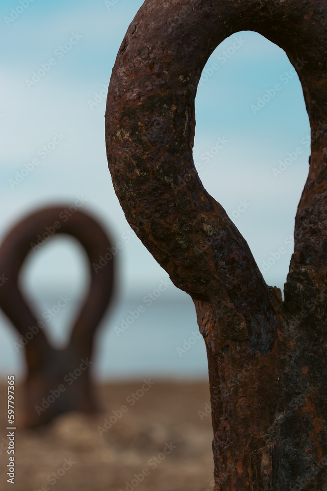 Fototapeta premium rusty gate,old rusty links from slings in concrete, iron rings, art photography