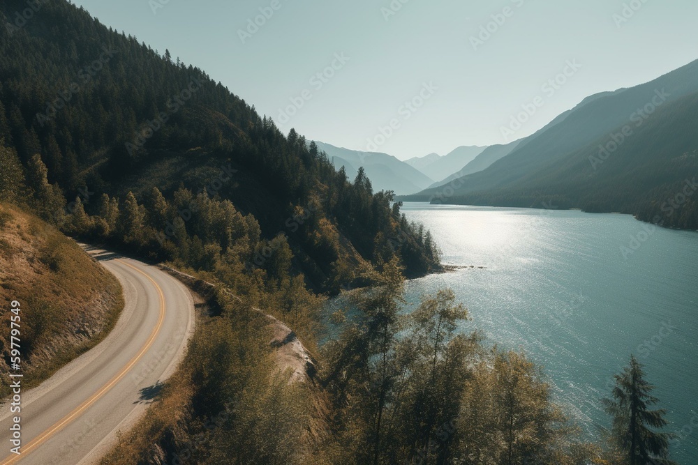A scenic view of a curvy road by a lake surrounded by Canadian nature on a sunny summer day in British Columbia, north of Prince George on John-Hart Highway. Generative AI