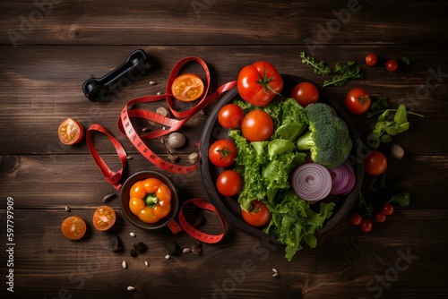 Fresh salad with tomatoes, exercise equipment, carrots, celery, and measuring tape from a top view. Generative AI