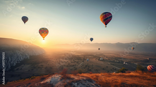 Colorful hot air balloons flying over mountain at Dot Inthanon, Thailand, generative ai