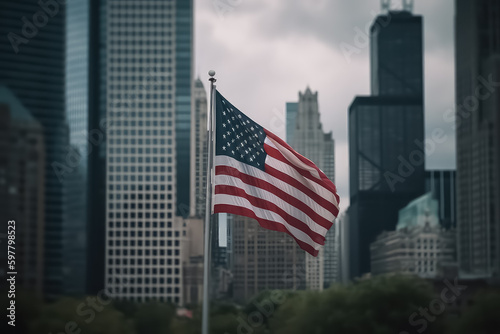 USA flag in Chicago with with skyscrapers on background. American flag waving in the city. AI © yurakrasil