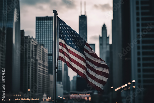 USA flag in Chicago with with skyscrapers on background. American flag waving in the city. AI