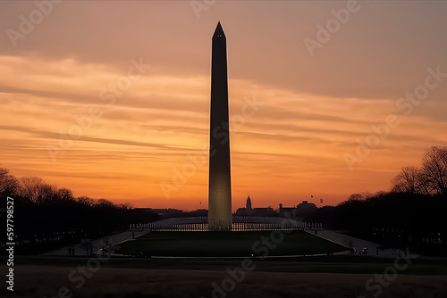 Washington Monument with sunrise , Washington DC, USA. AI