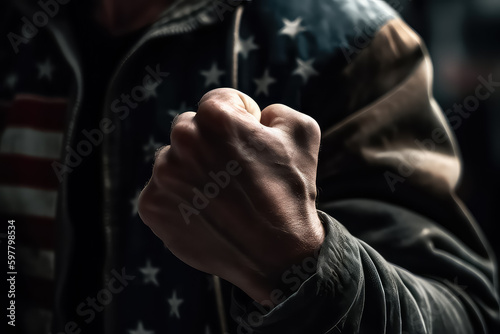 clenched fist of a man on the background of the flag of america, AI