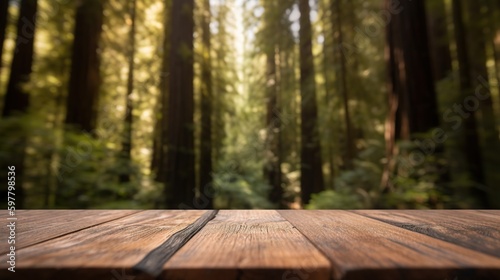 Empty wooden table for product display background, banner and product advertisement mock up with a beautiful forest behind, AI generated