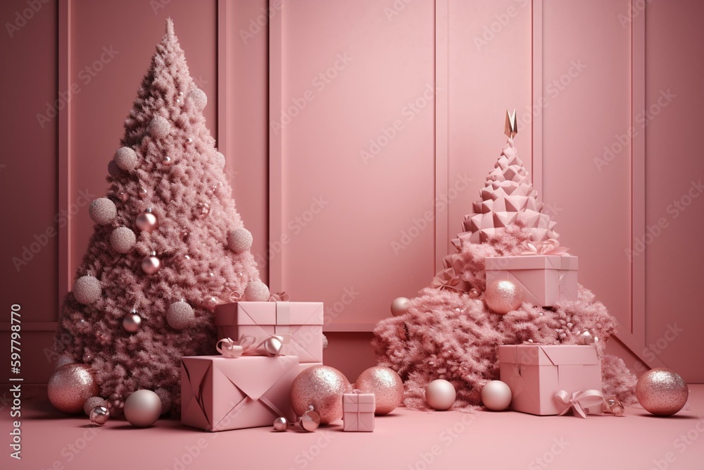 3D rendering of pink podium, present, and Christmas tree decorations with holiday greeting. Generative AI