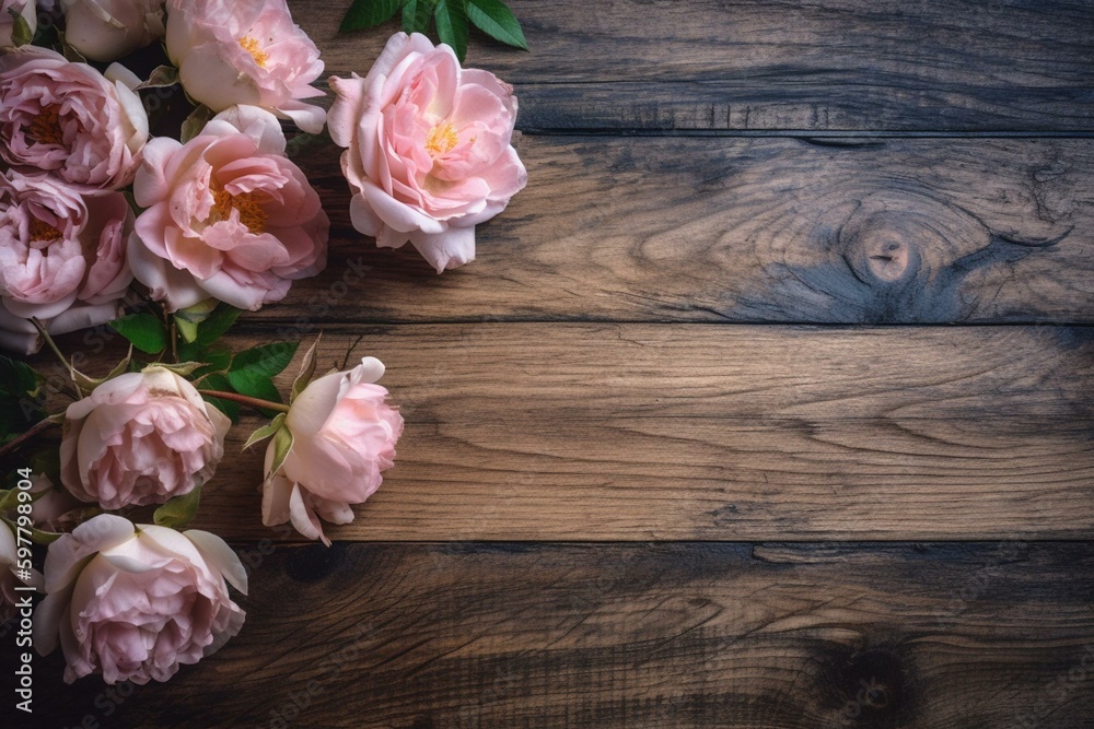 A wooden background with a border frame of pink roses flowers. Generative AI