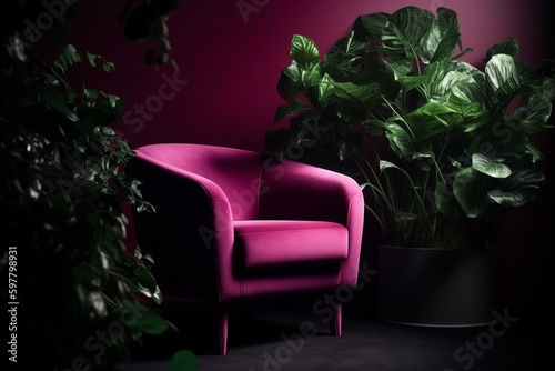 Magenta armchair with plant. Generative AI