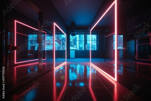 Contemporary room illuminated by bright neon lights, creating a futuristic atmosphere. Generative AI