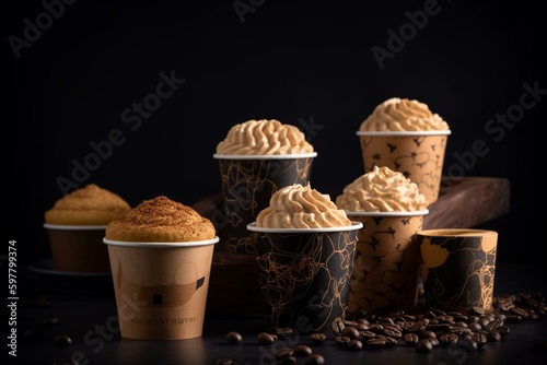 Cupcakes and coffee paper cups create a cozy background for this coffee concept. Generative AI