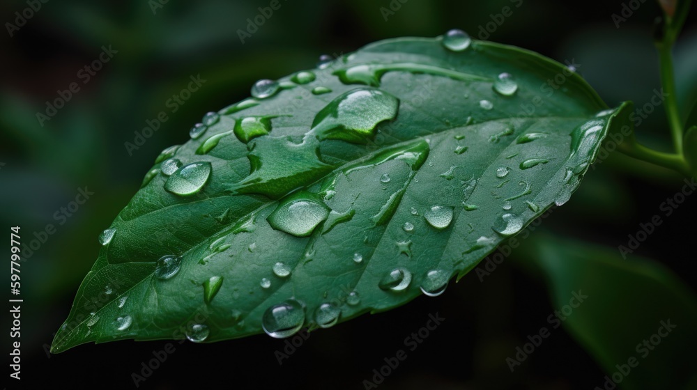 Close up view of raindrops on green leaf. Generative AI Close up view of raindrops on green leaf. Generative AI