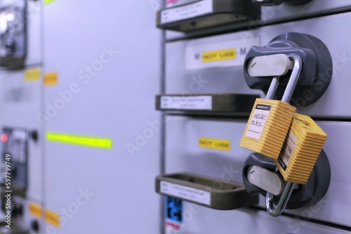 Lockout Tagout , Electrical safety system.Key lock switch or circuit breaker for safety protect.in electric room
