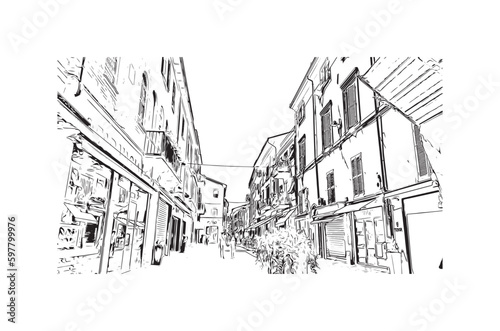 Building view with landmark of Rimini is the city in Italy. Hand drawn sketch illustration in vector.
