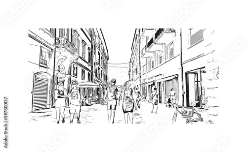 Obraz na płótnie Building view with landmark of Rimini is the city in Italy. Hand drawn sketch illustration in vector. w salonie