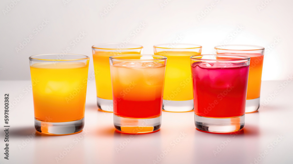 Set with glasses of tasty Tequila Sunrise cocktail on white background, generative ai Set with glasses of tasty Tequila Sunrise cocktail on white background, generative ai