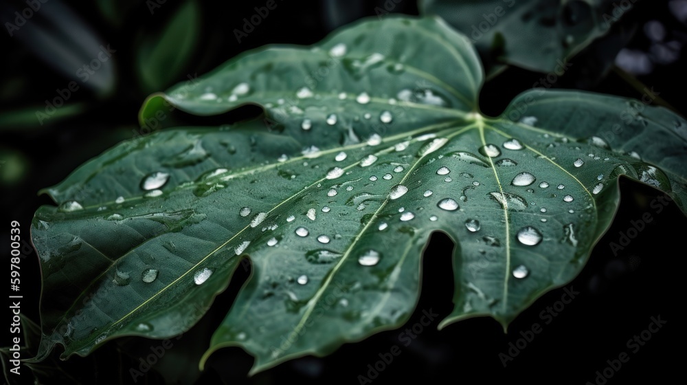 Close up view of raindrops on green leaf. Generative AI Close up view of raindrops on green leaf. Generative AI
