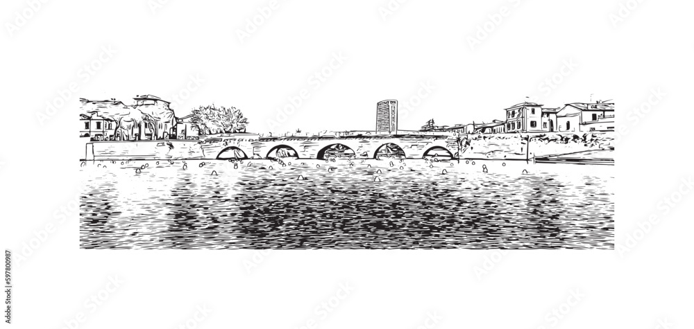 Building view with landmark of Rimini is the city in Italy. Hand drawn sketch illustration in vector.