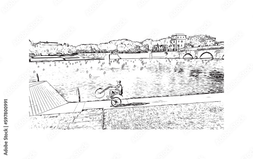 Obraz premium Building view with landmark of Rimini is the city in Italy. Hand drawn sketch illustration in vector.