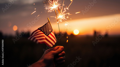 Usa Celebration With Hands Holding Sparklers And American Flag At Sunset With Fireworks, generative ai