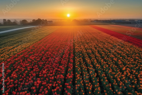 Aerial view of blooming fields , red, purple, pink and yellow Tulips during sunrise.