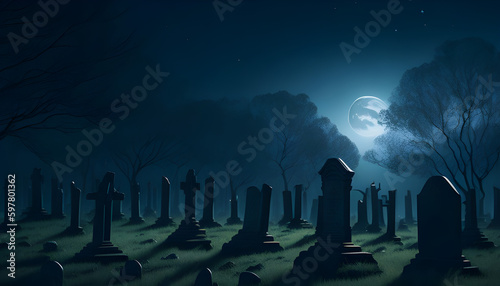 A graveyard at night, with tombstones silhouetted against the moonlight, Generative AI 