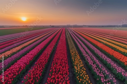 Aerial view of blooming fields , red, purple, pink and yellow Tulips during sunrise.