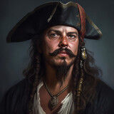 Painted Pirate Portrait. Generative AI.
A digital painting of a middle aged male pirate.