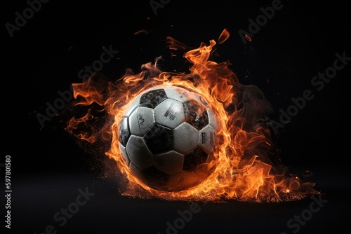 Soccer ball on fire  plain white background. Generative AI