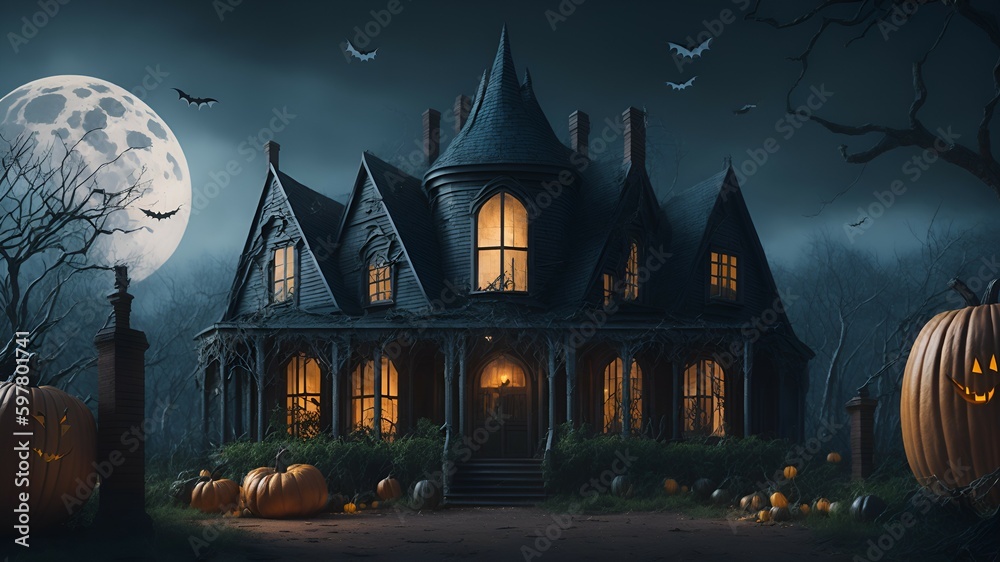 A spooky haunted house with cobwebs, bats, and glowing pumpkins, Generative AI

