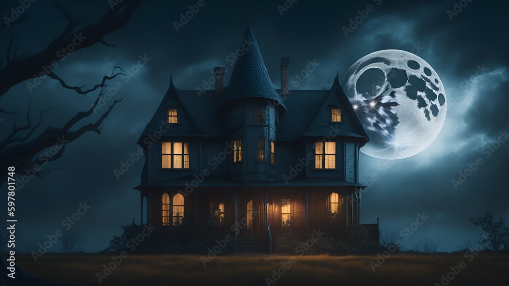 A spooky haunted house with a full moon shining overhead, Generative AI
