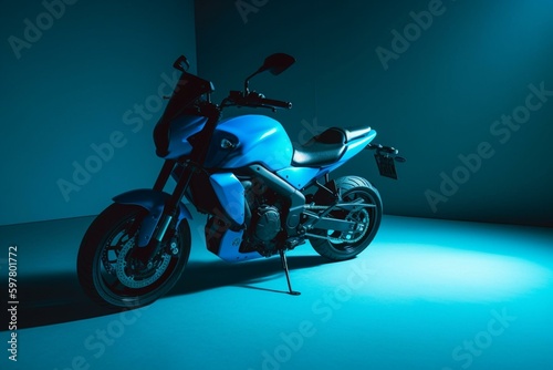 A solitary blue motorbike in 3D with shadow sitting on blue backdrop. Generative AI