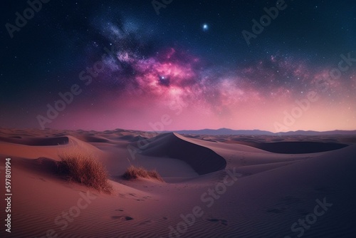 Pink gradient starry sky over sand dunes; Modern wallpaper. Generative AI