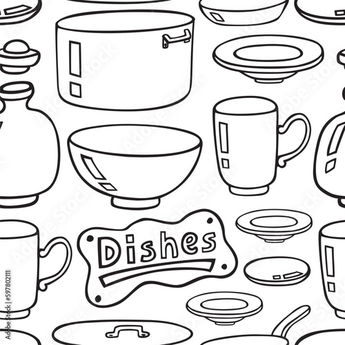 Hand drawn kitchen seamless doodle pattern, cafe or house template design. Restaurant wall doodle.