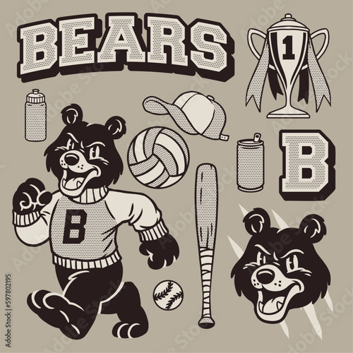 Black Bear Mascot Old School Style object in Set