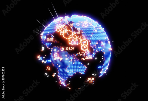 Fototapeta Naklejka Na Ścianę i Meble -  Neon planet Earth and lit up places of growing market. Asia and Australia side. Economy, finance Concept. 3D rendering illustration