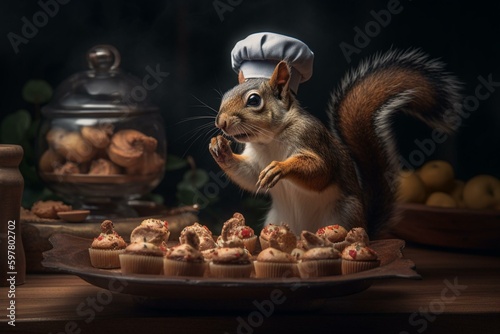 Chef squirrel carrying a tray of nuts. Generative AI