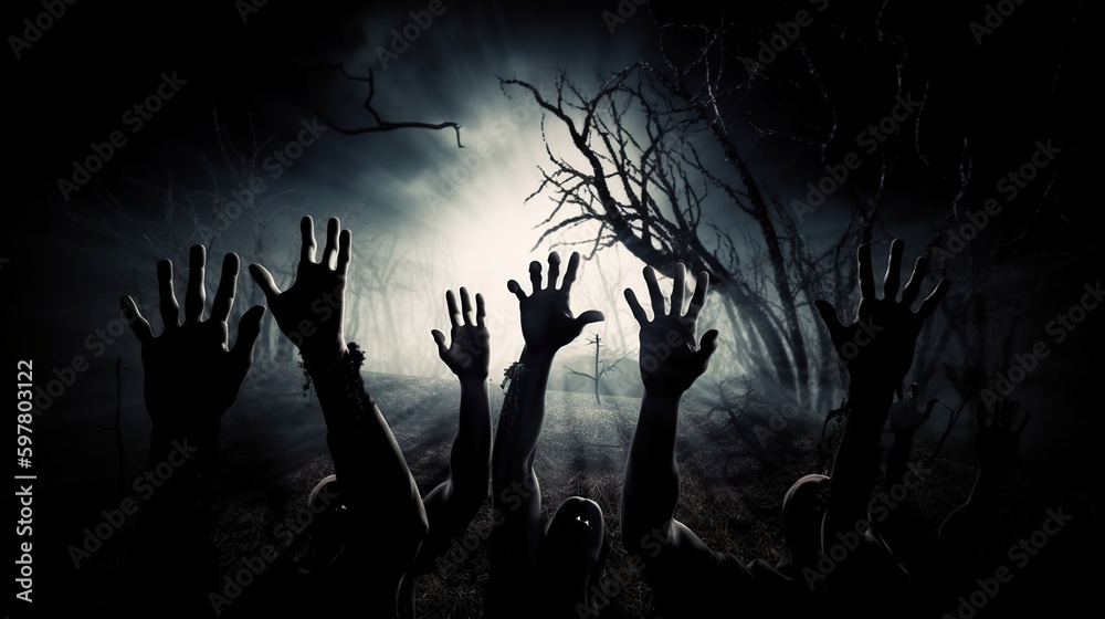 Scary zombie hand in cemetery or graveyard sticking out of the ground. 3D rendered illustration, generative ai Scary zombie hand in cemetery or graveyard sticking out of the ground. 3D rendered illustration, generative ai
