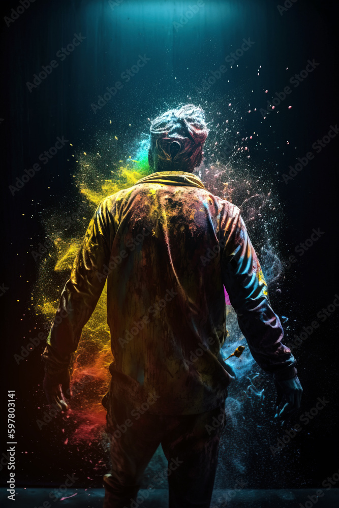 Man covered with vibrant paint splatters inside room with walls in colourful inks. Not an actual real person. Digitally generated AI image