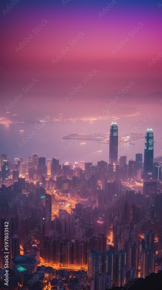 Fototapeta premium Beautiful pink sky sunlight above the city. Generative AI