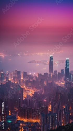 Beautiful pink sky sunlight above the city. Generative AI