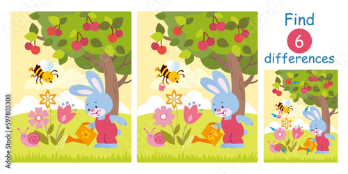 Find differences, education game for children. Cute cartoon bunny, bee, snail, cherry tree, flowers. Flat vector illustration with bunny watering flowers. 